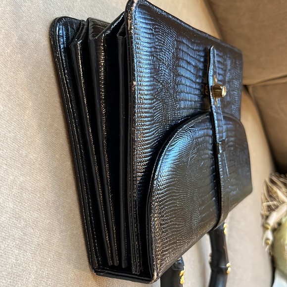 Rosart Vintage Satchel Black Handbag Embossed Croc & Handel with Gold Roses - Picture 15 of 16